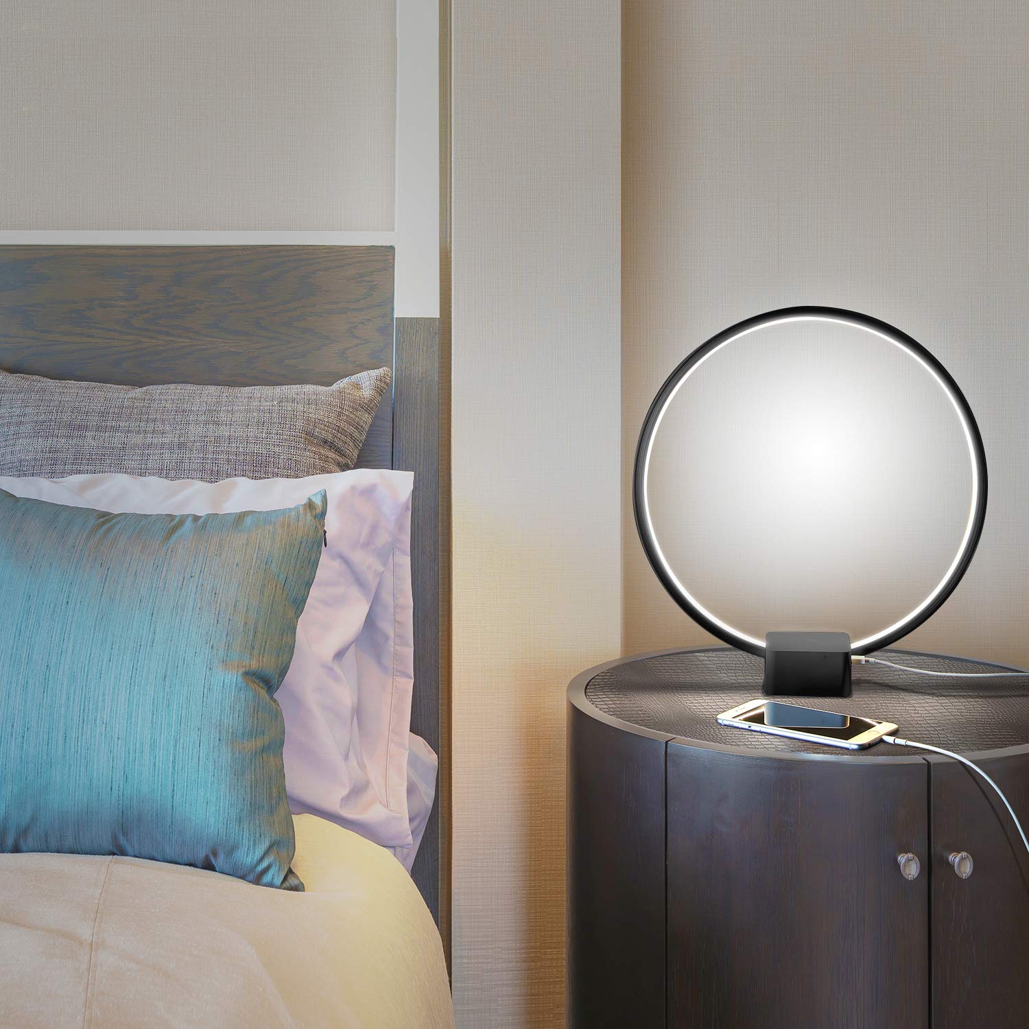 Brightech Circle LED Nightstand Lamp with USB Port – Compact Bed Stand Lamp for Bedroom, Living Room - Modern Asian Table & Desk Lamp on Side & End Tables - Jet Black