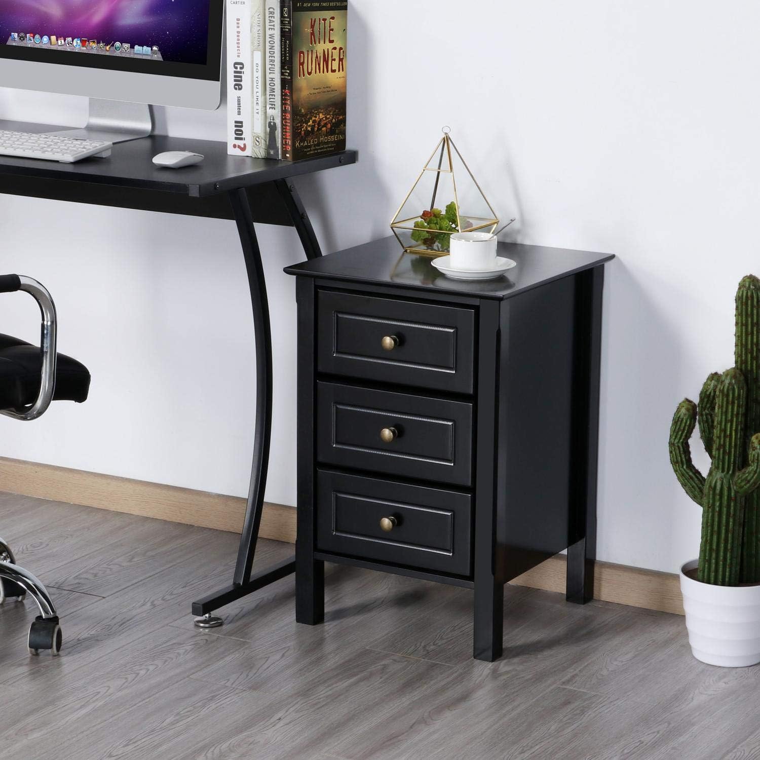 YAHEETECH Wood 3-Drawer Nightstand with Solid Pine Wood Legs Bedroom Furniture, Black: Furniture & Decor