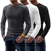Riyiper 3 Pack Men's Ribbed Thermal Shirts Crew Neck Long Sleeve Tops Winter Stretchy Slim Basic Undershirt