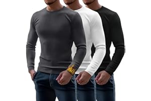 Riyiper 3 Pack Men's Ribbed Thermal Shirts Crew Neck Long Sleeve Tops Winter Stretchy Slim Basic Undershirt