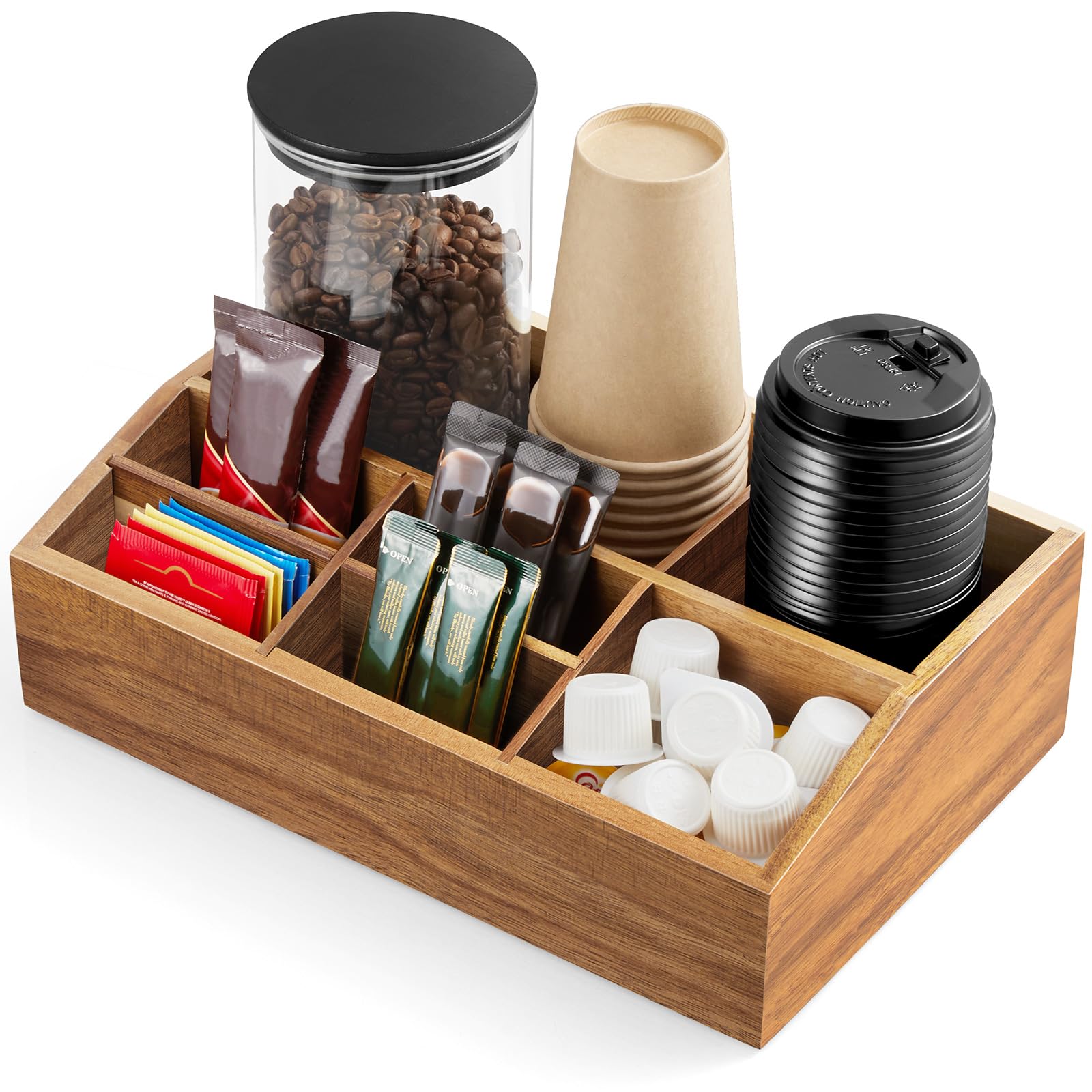 Photo 1 of ALELION Acacia Wood Coffee Station Organizer for Countertop - 7 Compartments Coffee Bar Accessories and Organizer with Removable Dividers - Coffee and Tea Condiment storage Organizer
