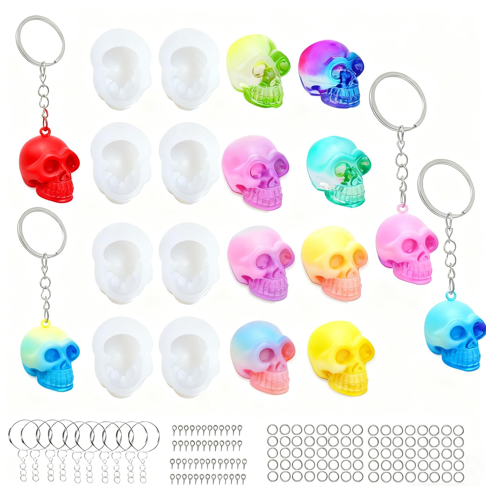 WYAHYQ 8Pcs Skull Epoxy uv Resin Silicone Mould for Resin Casting,Halloween Mini Skull Key Ring Accessory,Candle Wax Melt Moulds