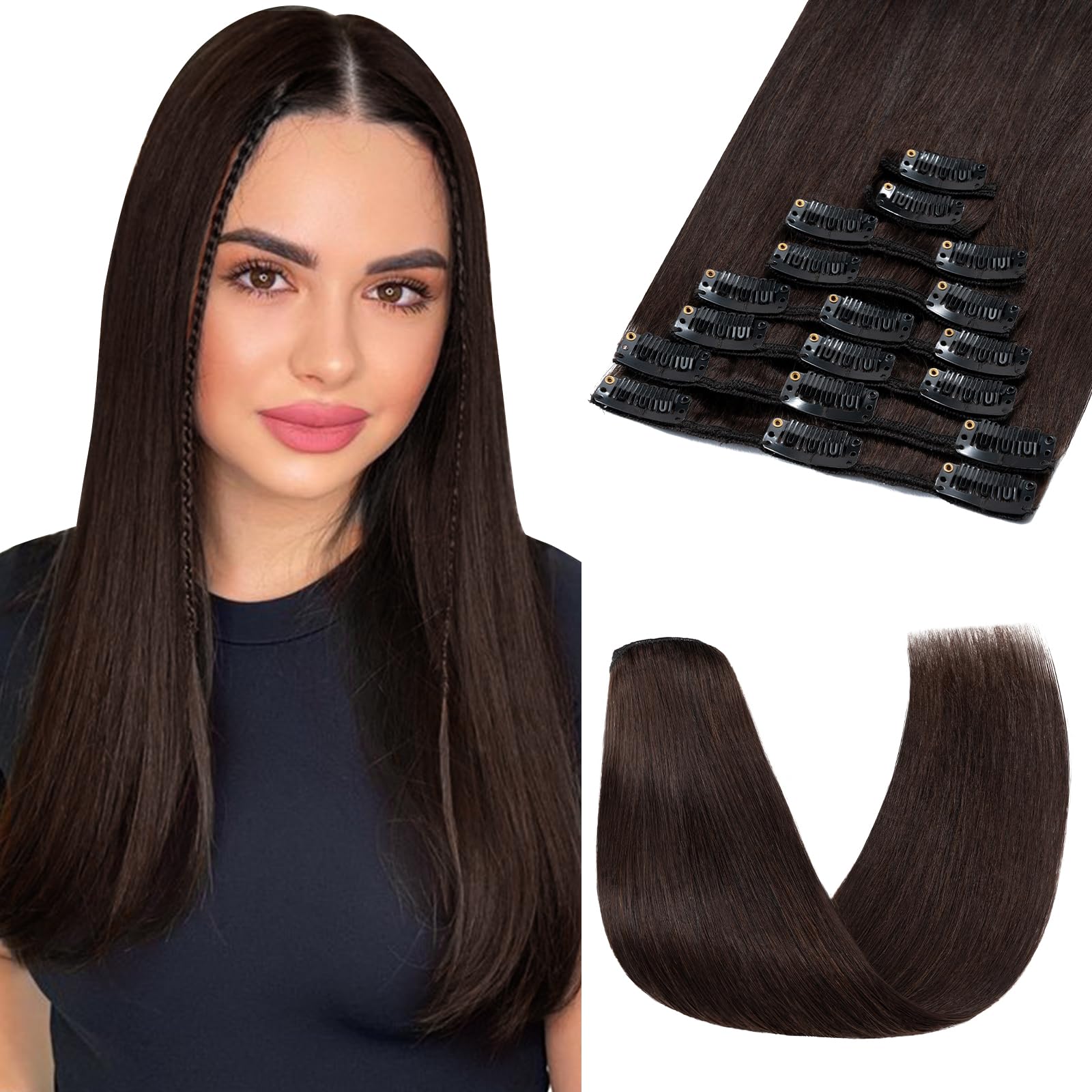 SEGOHAIR 8 PCS Clip in Real Human Hair Extensions, 8-18 inch Straight, Darkest Brown (45-70g) — image 1