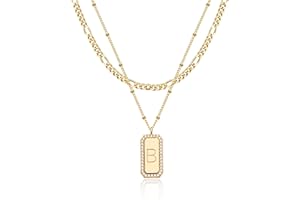 TONTMY STUDIOS Gold Initial Necklace for Women 14K Gold Plated Figaro Chain Choker Layered Necklaces Set Bar Rectangle Pendant Necklaces Simple Dainty Letter Necklace Everyday Gold Jewelry