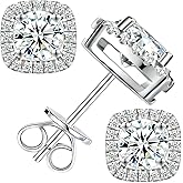 Tunzug Moissanite Halo Square Earrings Flat back 0.5-3 Carat D Color VVS1 Grade Lab Grown Diamonds 925 Sterling Silver Plated 18K White Gold Flat Back Hypoallergenic Earrings for Women Men