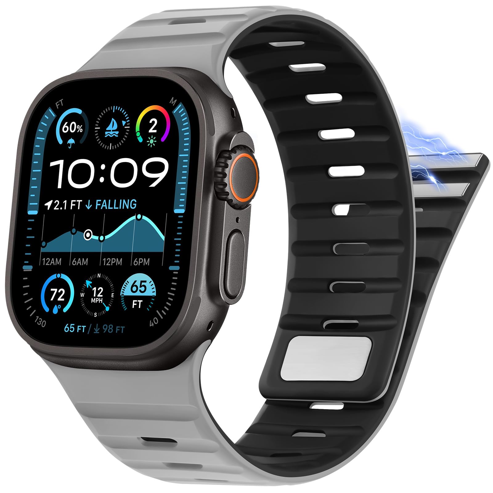 Suphart Compatible with Apple Watch Strap 49mm 46mm 45mm 44mm 42mm 41mm 40mm 38mm, Magnetic Silicone Sport Strap for Apple Watch Ultra 2 Ultra SE Series 10 9 8 7 6 5 4 (49/46/45/44/42, Gray Black