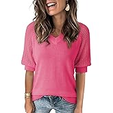 Dokotoo Women's Casual Short Sleeve Loose Crochet Tunic Tops Lightweight Knit Pullover Sweater Blouses