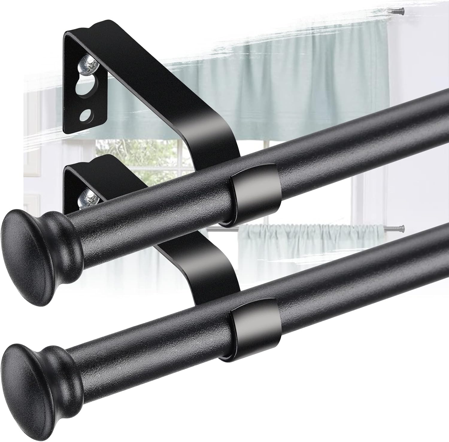 Window Treatment Hardware - Curtain Rod Set for Windows 28 to 50 Inch - 5/8” Heavy Duty Cafe Curtain Rods 2 Pack - Decorative Window Curtains Rod with Brackets for Kitchen,Bathroom,Sliding Door - Black