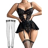 Alrovetoney Women Lingerie with Garter Belt 4pcs Set Lace Contrast Mesh Bodysuit Ruffle Garter Belt Skirt With Stockings