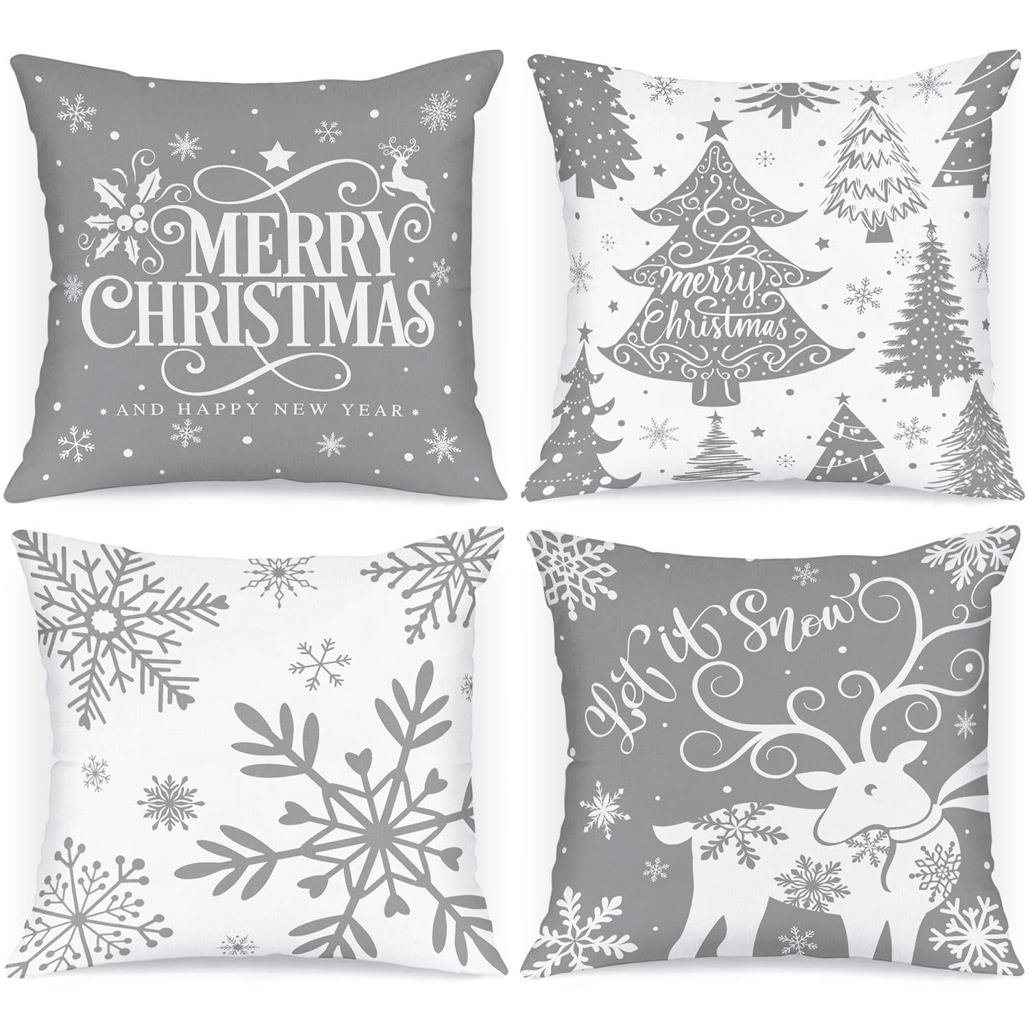 Lanpn White and Grey 40x40 Christmas Pillow Covers Set of 4, Decorative 40 cm Gray Winter Snowflake Throw Pillow Case Xmas Cushion Cover for Indoor House Sofa Grey