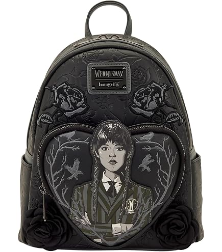 Mad Engine Officially Licensed Wednesday Addams TV Series Solid Black with Nevermore Logo Mini Bag, Kawaii Cosplay Girls Backpack with Adjustable Shoulder Straps