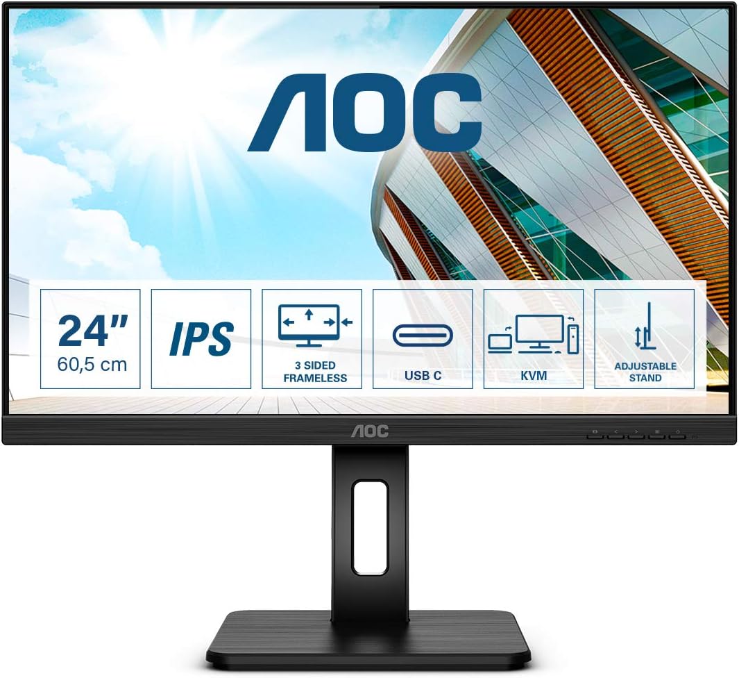AOC Monitor 24P2C de 60 cm (23,8 Pulgadas) (HDMI, DisplayPort, Base USB-C, concentrador USB, Tiempo de Respuesta de 4 ms, 1920 x 1080, 75 Hz, Pivo), Color Negro