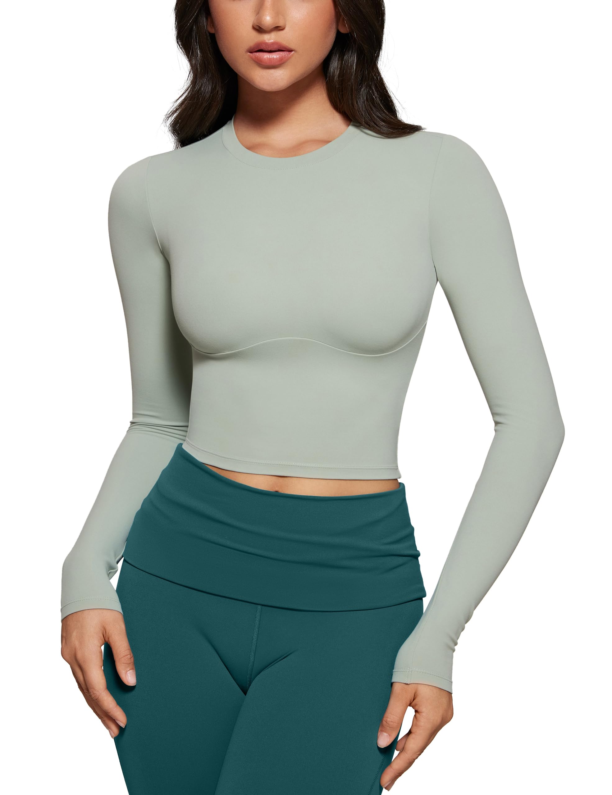 Photo 1 of INGIA Womens Long Sleeve High Round Neck Crop Yoga Shirts Workout Slim Fit Casual Yoga Gym Tops Mineral Large