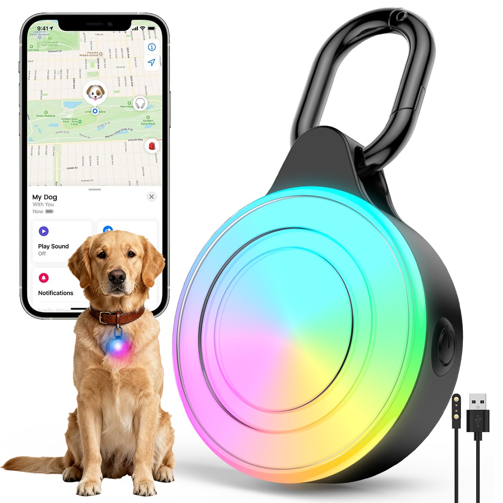 Photo 1 of 2-in-1 GPS Tracker & Dog Light - Smart Tracking Pet LED Light for iOS Only - Rechargeable IP68 Waterproof Dog Collar Light with 6 Modes for Night Walking - Works with Apple Find My, No Subscription