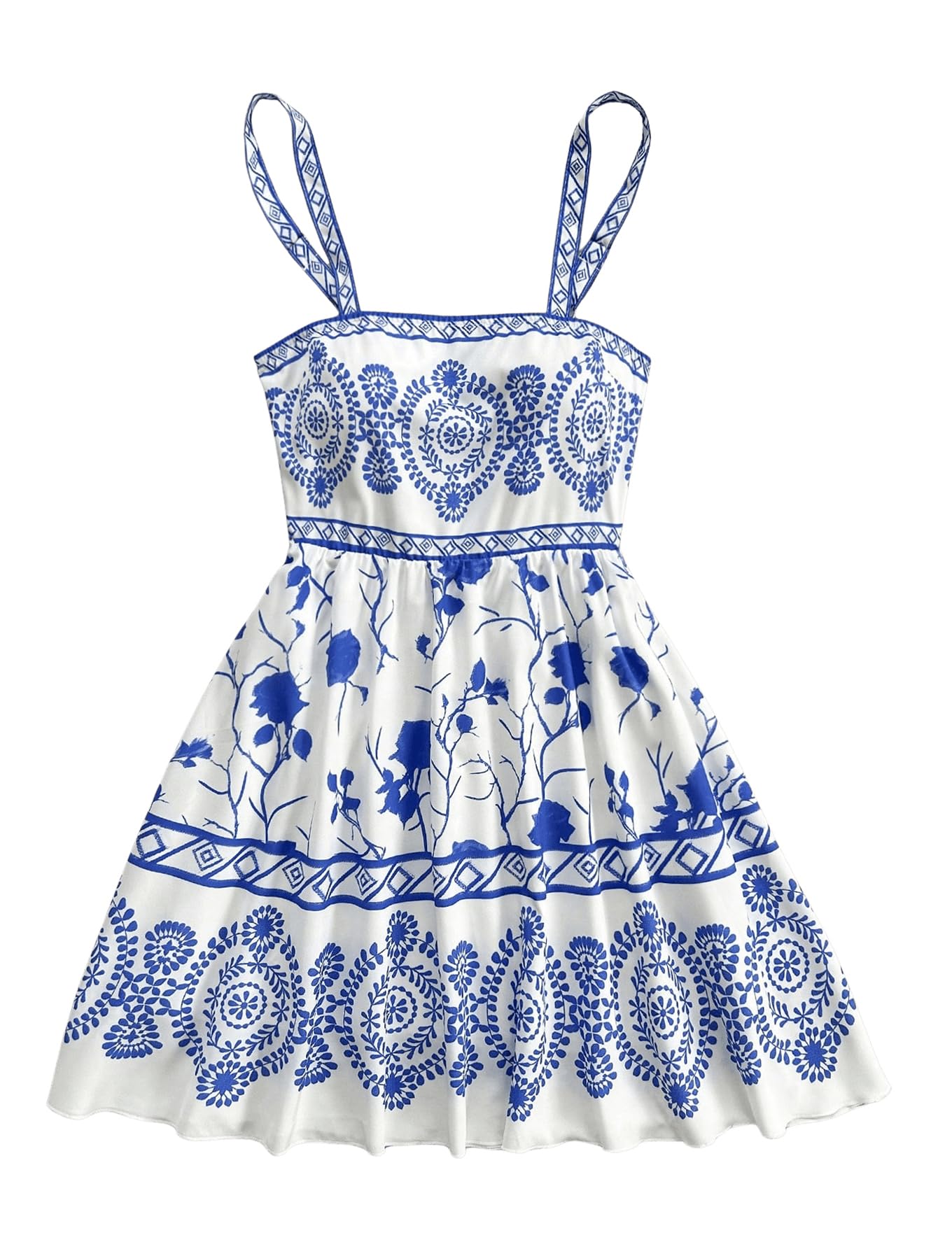 Photo 1 of (BAGGED) (LARGE) MakeMeChic Women's Summer Tribal Print Cami Dress Sleeveless A Line Flare Mini Dresses Boho Sundress Blue and White Large