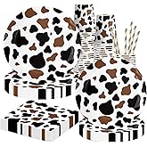 Cow Print Party Supplies, Cow Print Party Tableware Complete Pack Include Black Brown Cow Plates, Napkins, Cups Straws for Cow Birthday Baby Shower Farm Animal Party Decorations