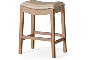 Maven Lane Adrien 26 Inch Counter Height Backless Saddle Barstool in Weathered Oak Finish with Avanti Bone Vegan Leather Cushion Seat