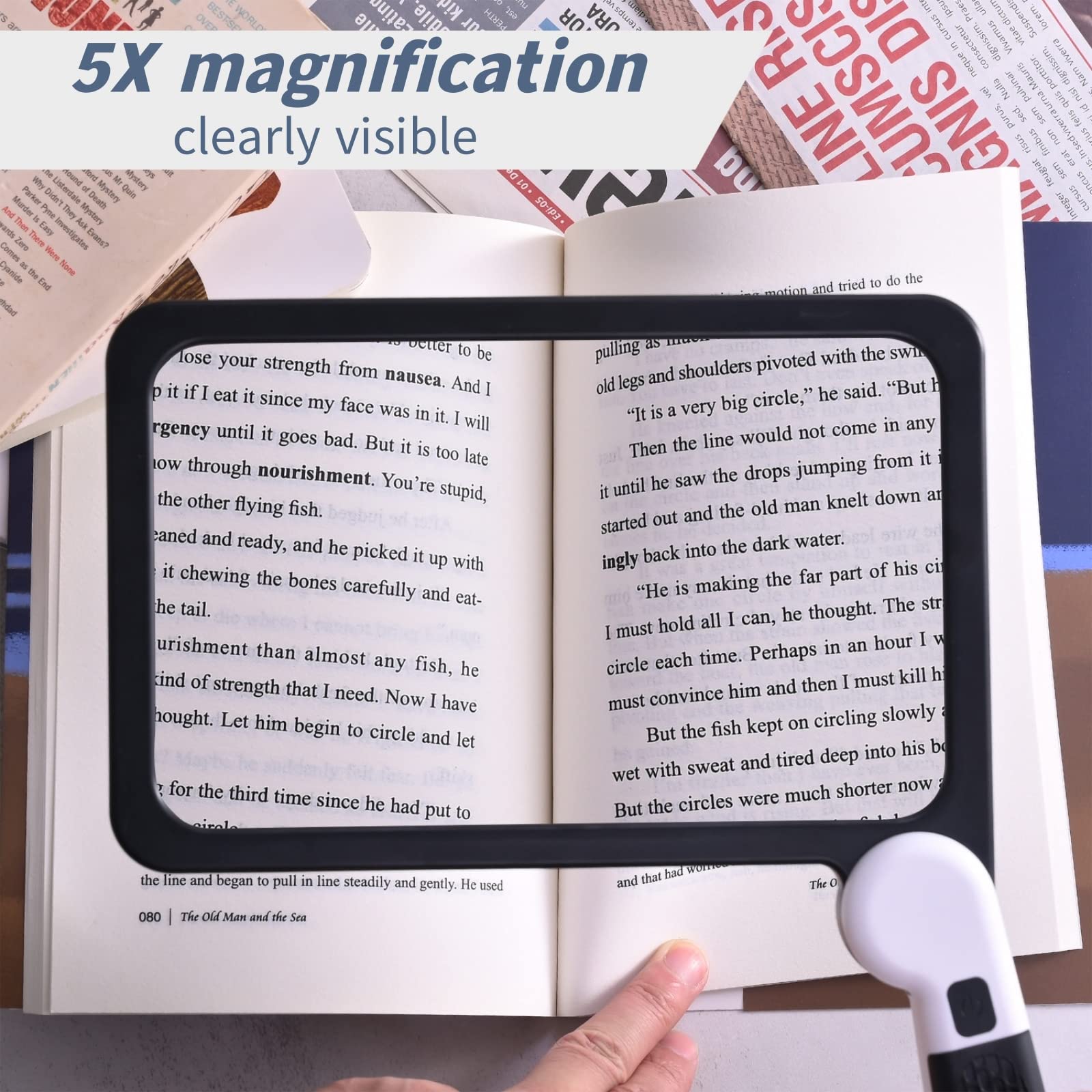 Magnifying Glass with Light, Page 5X Folding Handheld Rectangular Magnifier with 48 Lights for Reading Books & Close Work, Ideal Lighted Magnifying Gift for Low Visions
