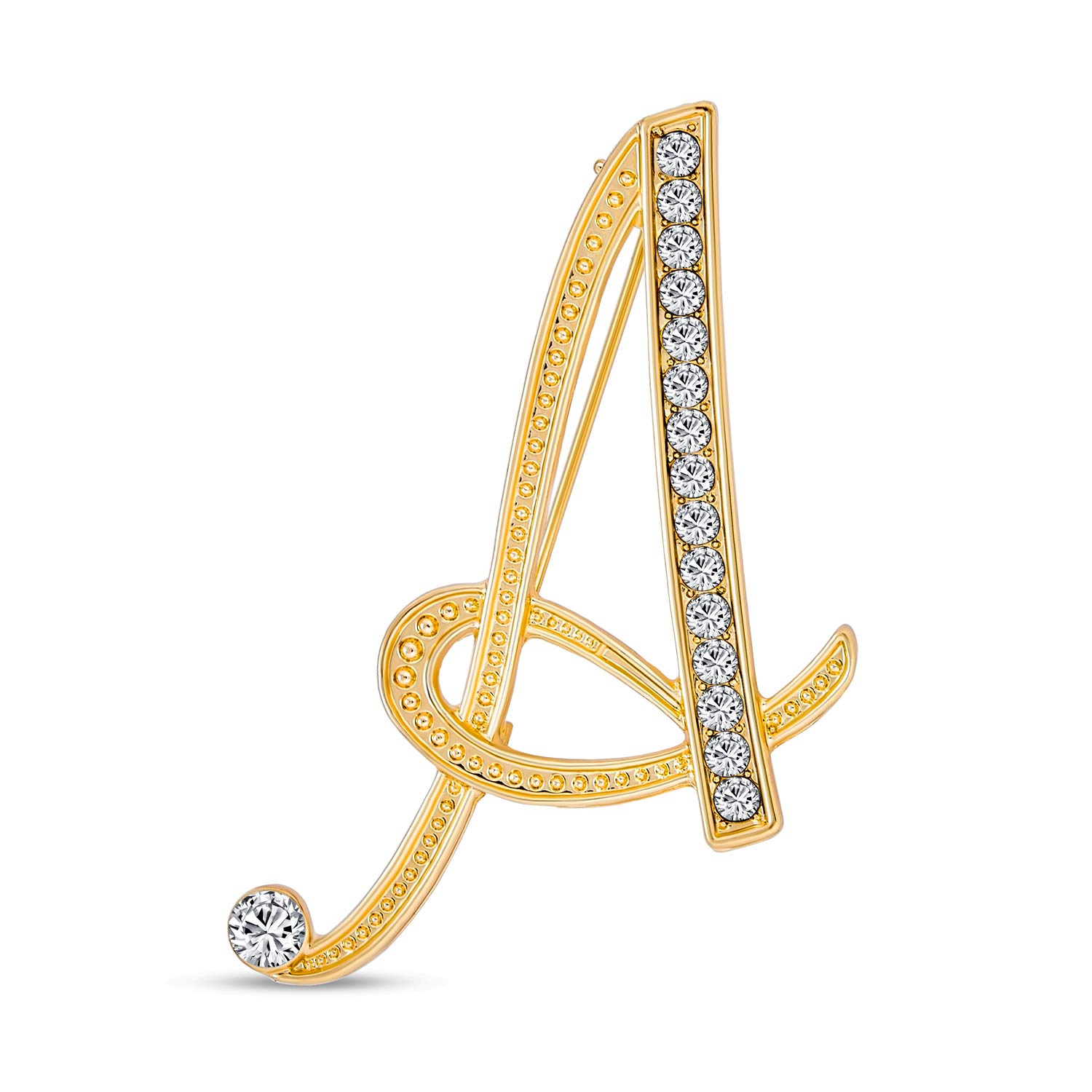 Large Statement ABC Pave Crystal Cursive Script Monogram Letters Alphabet Initial A Scarf Lapel Pin Brooch For Women Yellow Gold Plated