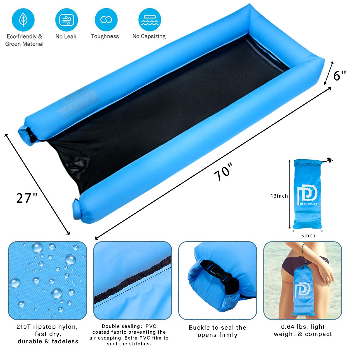 Dreampark Inflatable Water Hammock Pool Floats Portable Floating Lounger Chair for Adults & Kids, Summer Swimming Pool Beach Travel Accessories, 440lb Capacity Fast Inflated No Pump Needed