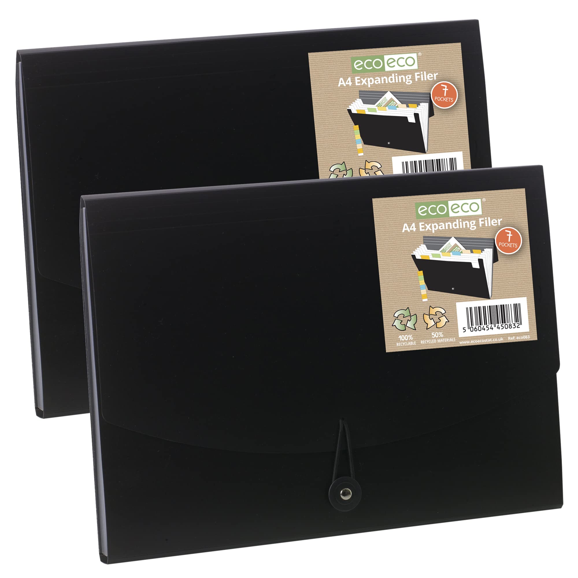 eco-eco A4 50% Recycled 7 Clear Pocket Black Cover Accordion Expanding File Organiser - Document Folder - Printed Index Tabs, (Pack of 2) eco083 eco083x2