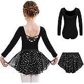 Arshiner Girls Ballet Leotards with Chiffon Dance Skirt Long Sleeve Crisscross Back Toddler Dance Outfit Combo
