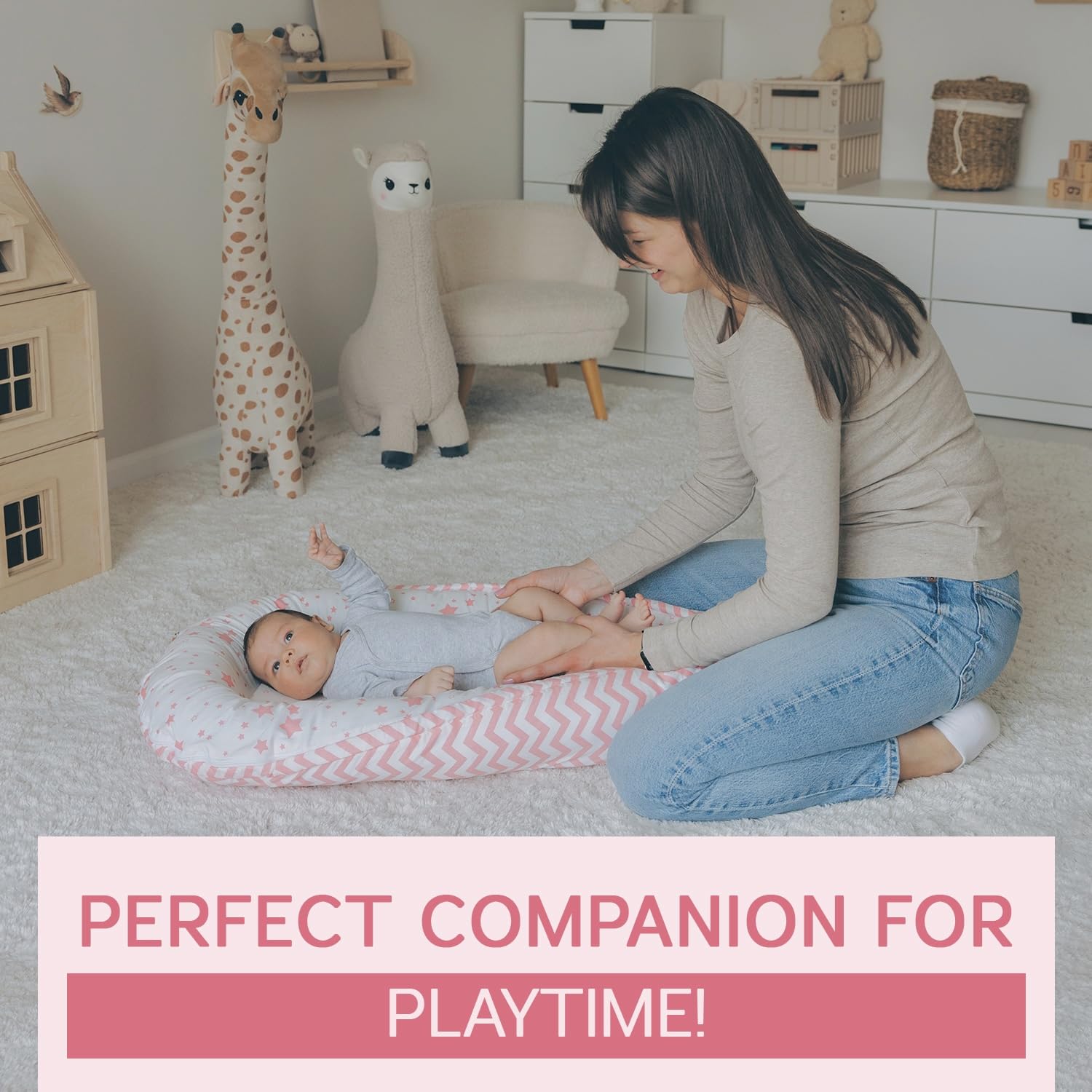 Aila+Aiden Baby Lounger | Organic Cotton Infant Lounger | Reversible, Adjustable & Portable Floor Lounger | Supervised Use | Soft, Breathable, Washable Cover - Star Collection (Pink)