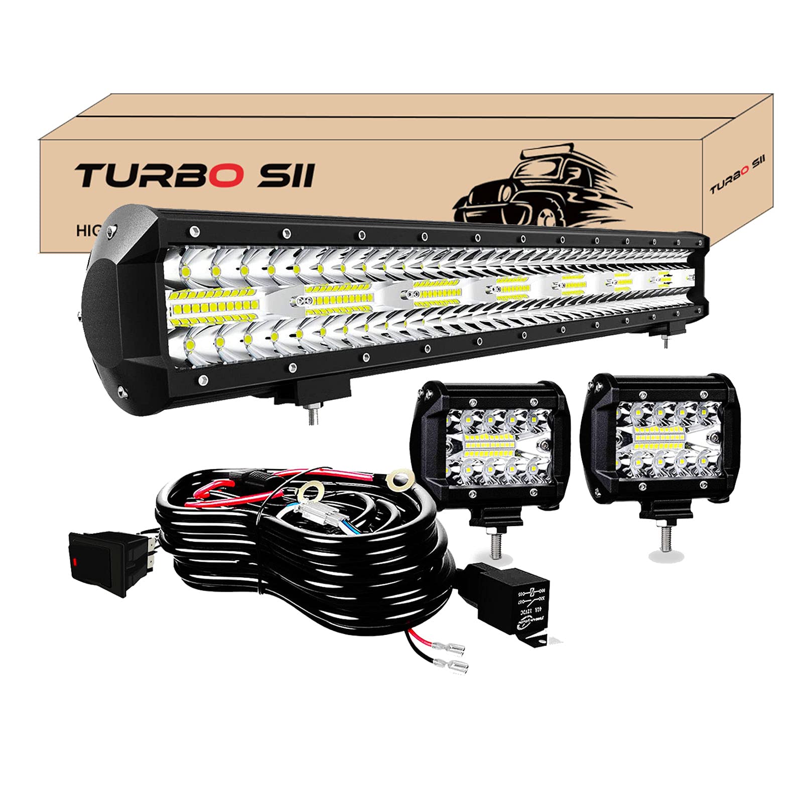 Photo 1 of TURBO SII - 20 Inch LED Light Bar 420W Triple Row 42000LM Spot Flood Combo Offroad Driving Light 2P 4 Inch 60W Led Pods Lights with Wiring Harness Kit 3-Leads for Trucks Jeep ATV UTV SUV Boats