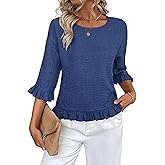 Urchics Womens Ruffle 3/4 Sleeve Tops Casual Linen Blouses Crew Neck Drop Shoulder Dressy Shirts Fall Outfits
