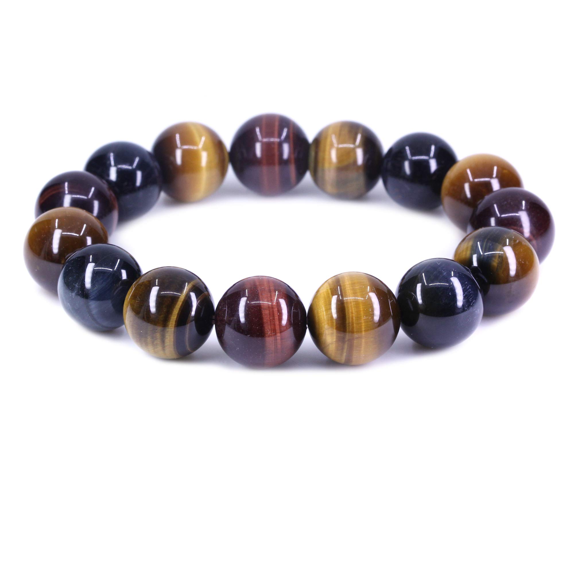 CHENYUE Multicolor Tigers Eye Gemstone 14mm Round Beads Jasper Stretch Bracelet 7 Inch