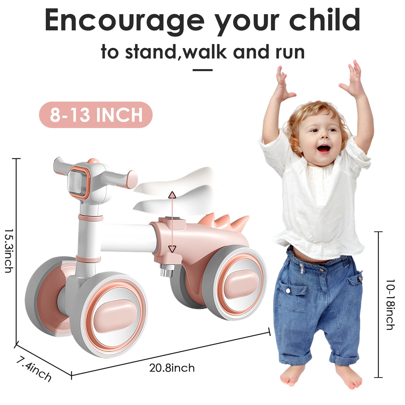 Baby Balance Bike for 1 Years Old Boys Girls, No Pedal Toddler Balance Bike, Adjustable Seat & Headlights Music, 10-36 Months Kids Toy First Birthday