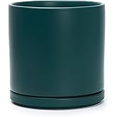 D'vine Dev 8 Inch Ceramic Planter Pot with Drainage Hole and Saucer, Indoor Cylinder Round Planter Pot, Teal, 94-O-D-9