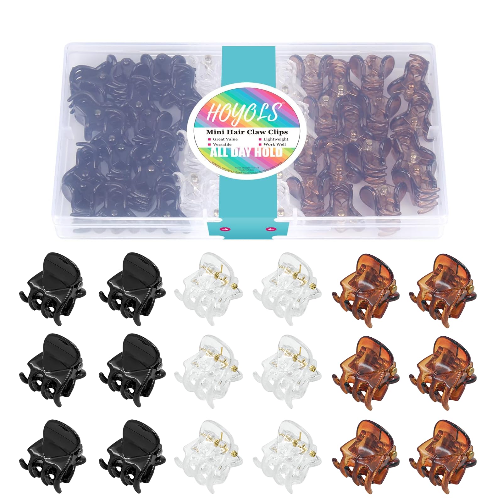 Hoyols 48pcs Mini Hair Clips, Small Hair Claw Clip for Women Girls, Black White Brown Assortment for Fine Curly Medium Thick Plastic Claw Pin-Free Bulk (Classic Color)