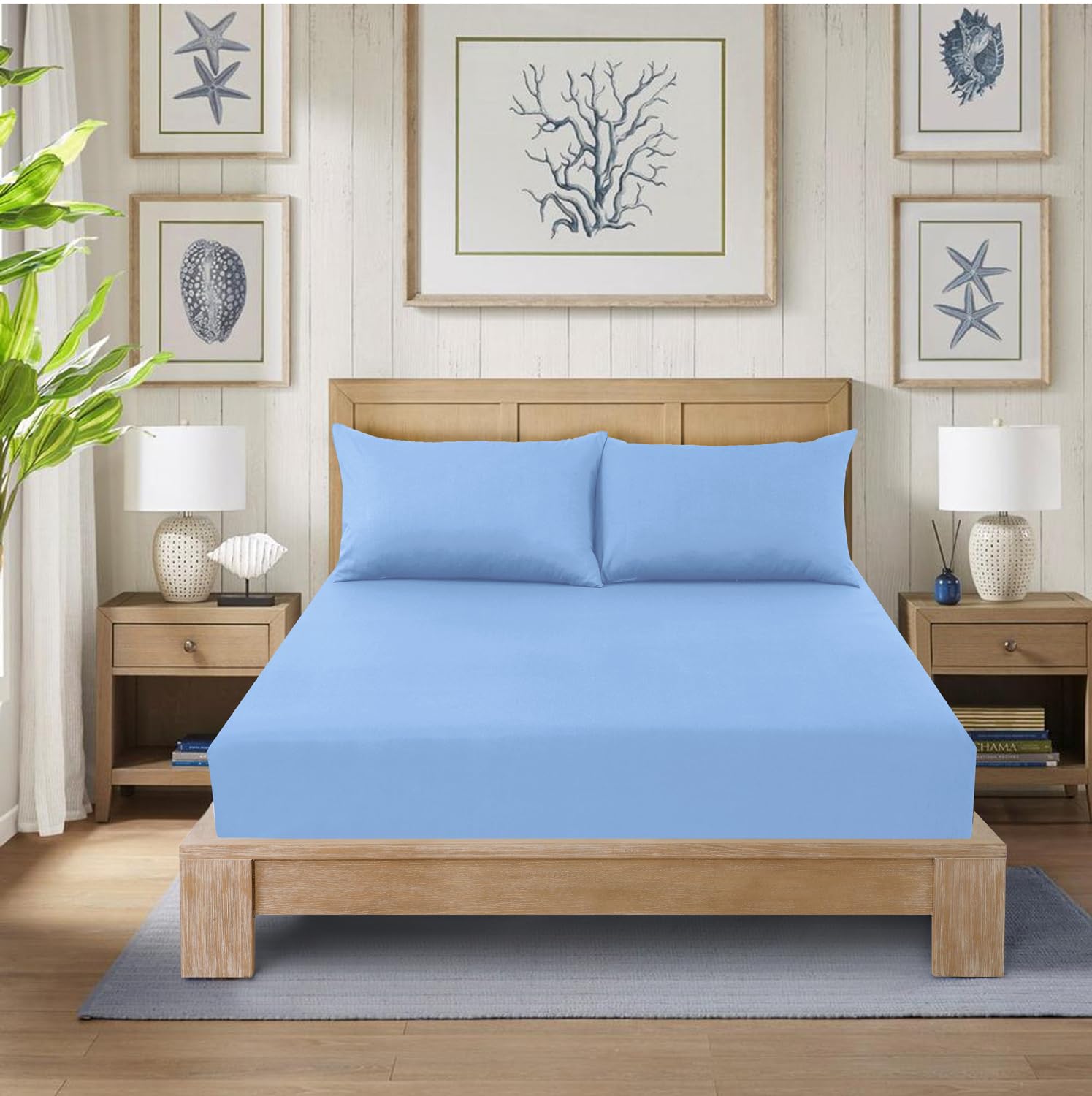 CHARKHAH Polycotton Fitted Sheet for Single Double King Super King Bed 200 Thread Count Anti Wrinkle Plain Bedding 25 cm Extra Deep Fitted Sheets Cover with Elastic Edges (Sky-Blue, King)