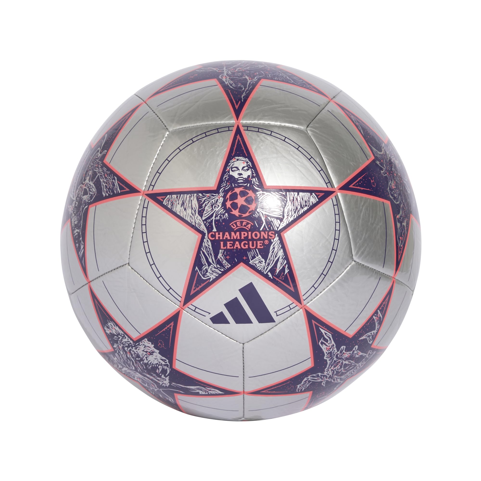 Photo 1 of adidas Unisex-Adult UEFA Champions League Club Soccer Ball, Silver Metallic/Dark Purple/Turbo, 5