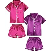 LANKMEI Girls 2 Packs Pajamas Set Satin Silky Short Sleeve Button Down Pjs Soft Sleepwear Sets for Kids Gift, Size 4Y-12Y