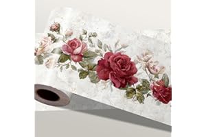 IOHEFY Vintage Rose Wallpaper Border 196x4 Inch Removable Wall Border Peel and Stick Burgundy Pink Floral Design for Bedroom Bathroom Living Room Kitchen Wall Trim Decor Romantic Cottage Style