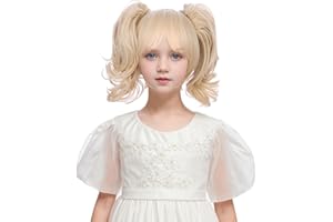 Edivd Child Blonde Two Ponytail Wig Kids Short Light Blonde Wavy Curly Wig with Bangs Heat Resistant Synthetic Wigs with Cap