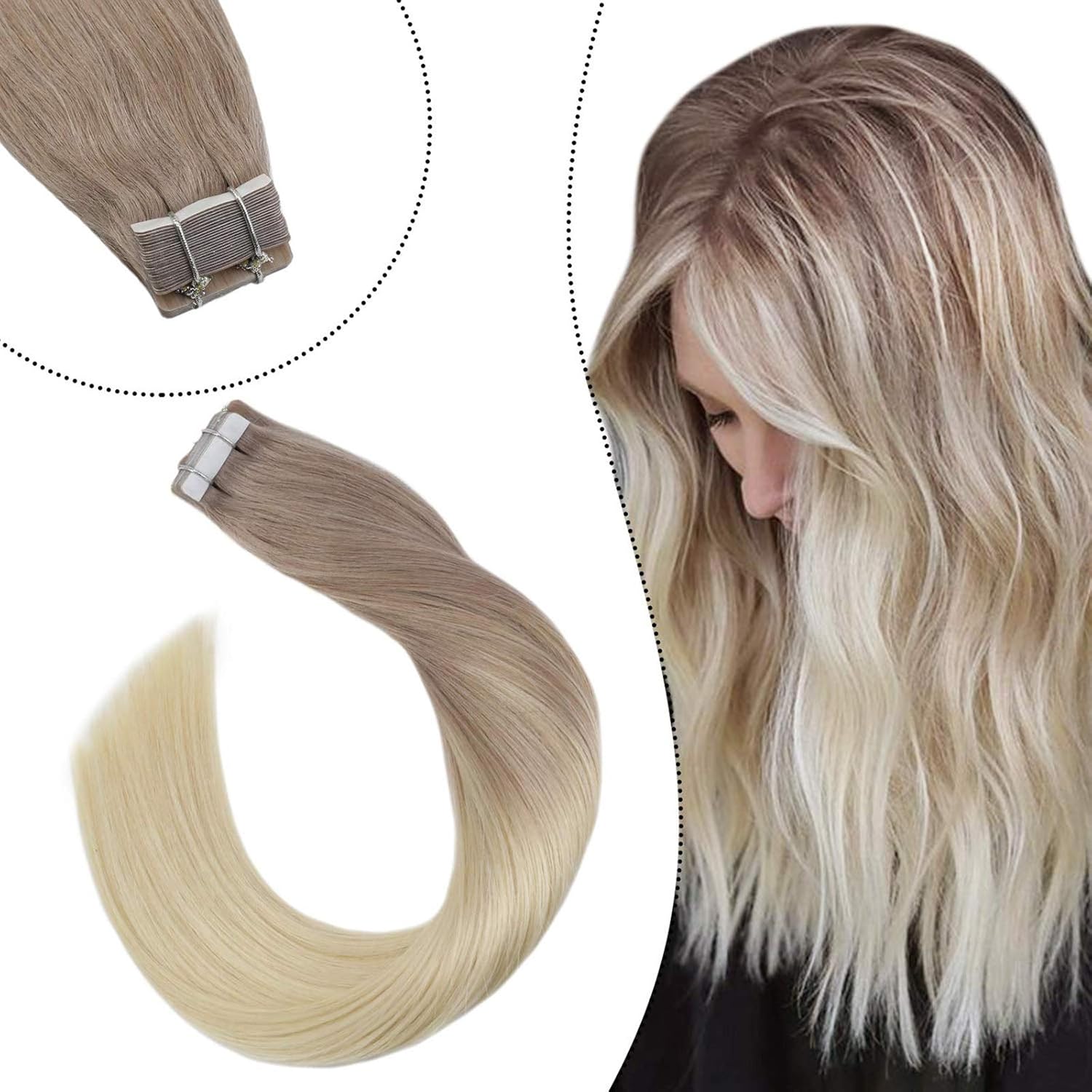 Ugeat 18 Inches Glue on Hair Extensions Double Sided Adhesive Tape Remy Straight Hair Ash Blonde