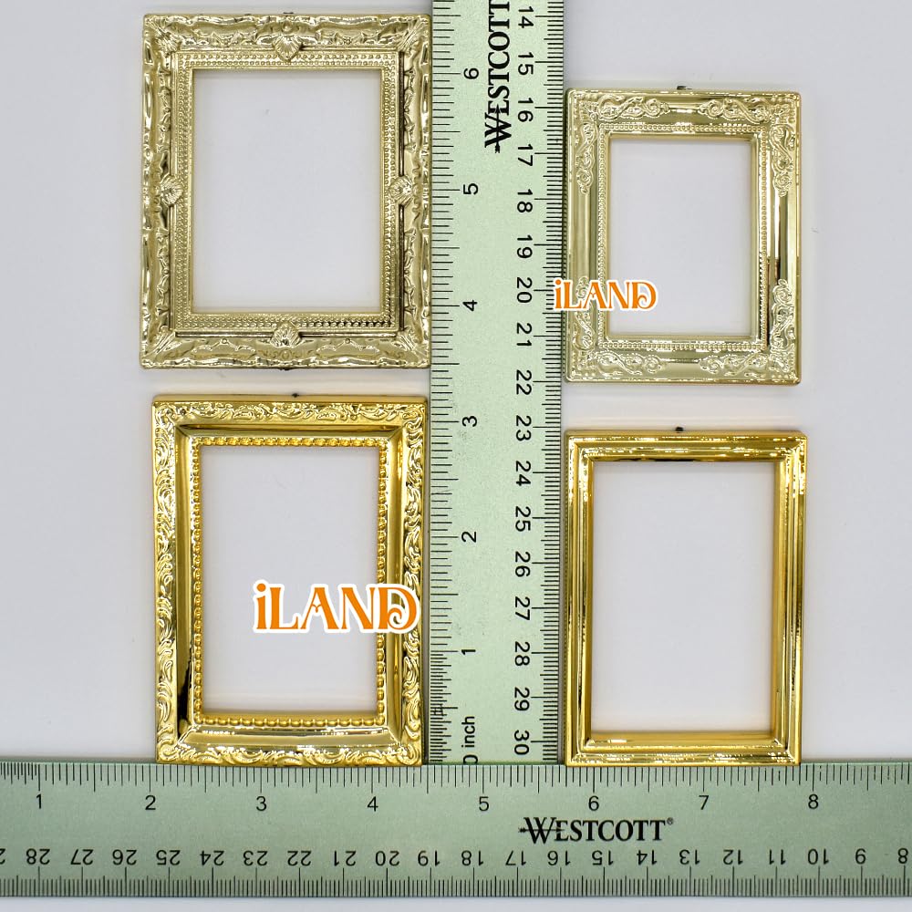 iLAND Miniature Dollhouse Accessories for Dollhouse Furniture on 1:12 Scale, Dollhouse Frames w/Printed Classic Paintings Set (4 Bright Golden Frames & Pictures)
