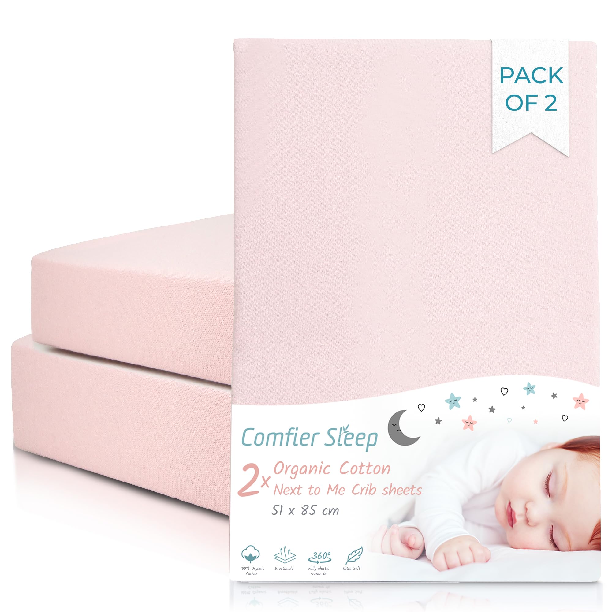 Next To Me Crib Sheets 51x85cm – Award-Winning 2 Pack Organic Cotton Pink Bedside Crib Fitted Sheets – Soft Breathable Tutti Bambini CoZee Fitted Sheets for Daily Use