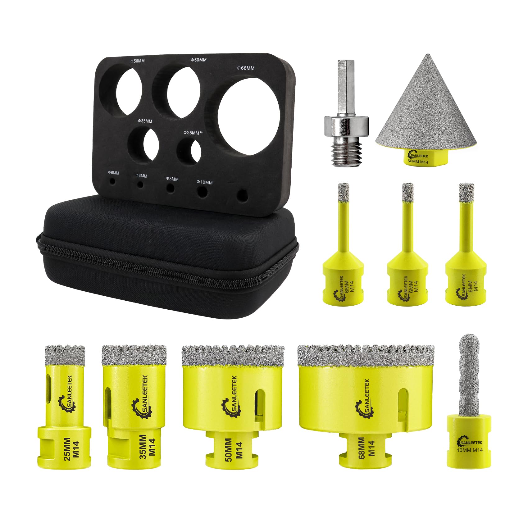 Diamond Core Drill Bits Set - 10pcs (6/6/8/25/35/50/68mm+10mm Finger Bit+50mm Beveling Chamfer Bit+Hex Adapter) Serrated Hole Saw Kit SANLEETEK for Ceramic Tile Porcelain Marble Granite M14 Thread — image 1