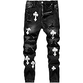 WDIRARA Boy's Stacked Ripped Skinny Jeans Cross Graphic Stretch Distressed Denim Pants Streetwear