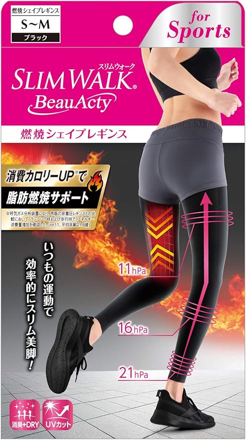 Amazon ピップ スリムウォーク Slim Walk ビューアクティ Beau Acty 燃焼シェイプレギンス スポーツ用 ブラック S Mサイズ 着圧 スリムウォーク 着圧スパッツ レギンス