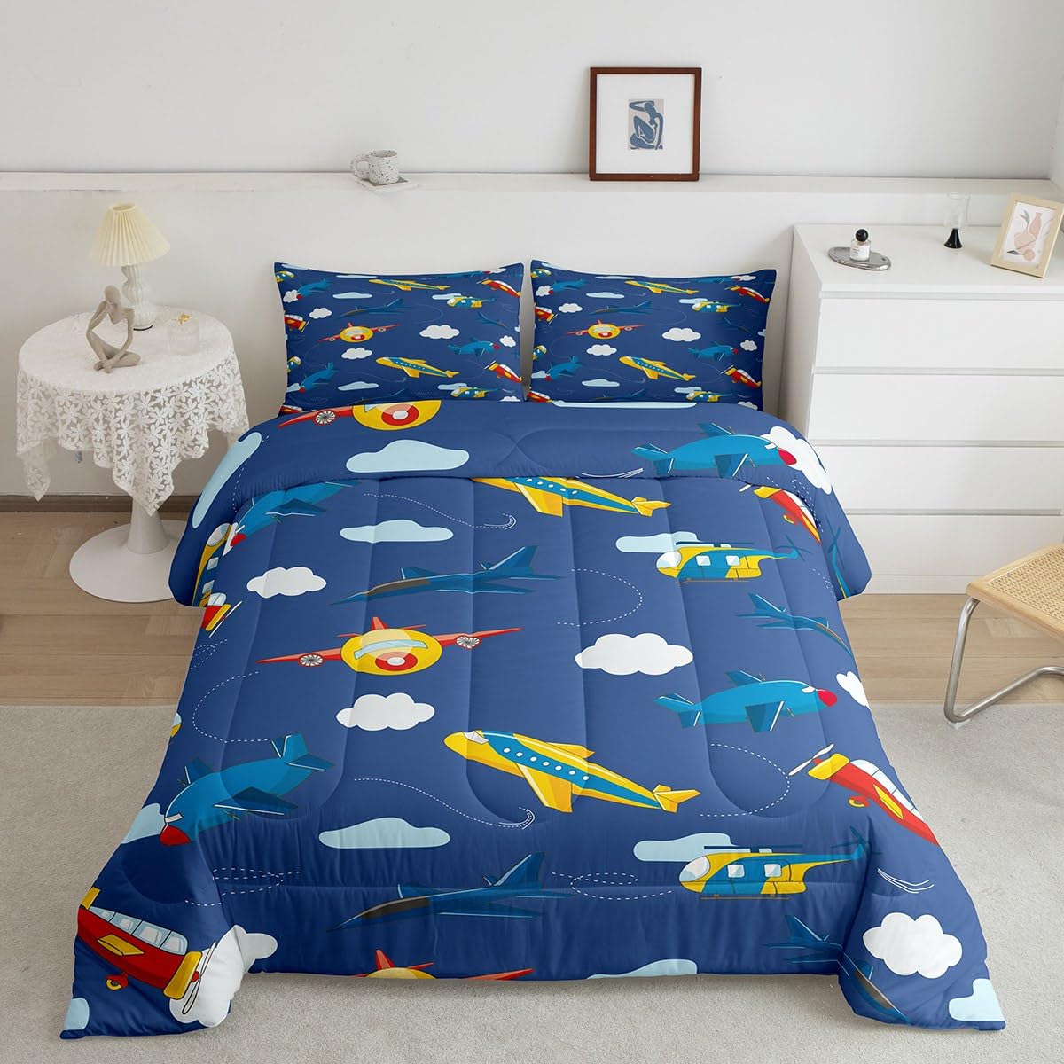 Aircraft Down Comforter Single Size Airplane Comforter Set for Boys Girls Children Cartoon Flight Bedding Set Room Decor Helicopter Flying Plane Blue Yellow Duvet Insert/Quilt Set 2Pcs