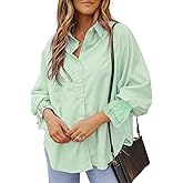 whoinshop Women's Striped Button Down Shirts Oversized Smocked Cuffed Boyfriend Shirt Puff Sleeve Blouse Top with 3 Pockets
