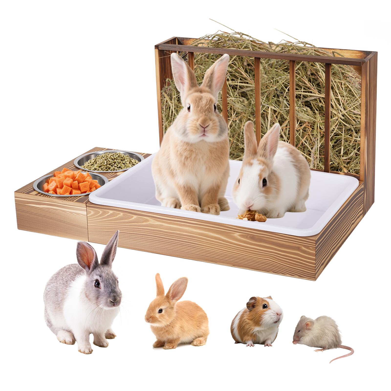 Photo 1 of KHEARPSL 3 in 1 Rabbit Hay Feeder with Litter Box and 2 Bowls, Bunny Feeder Guinea Pig hay Rack Holder & Litter Box for Chinchilla Hamsters Guinea Pig Rabbit Bunny Small Animals (Brown)