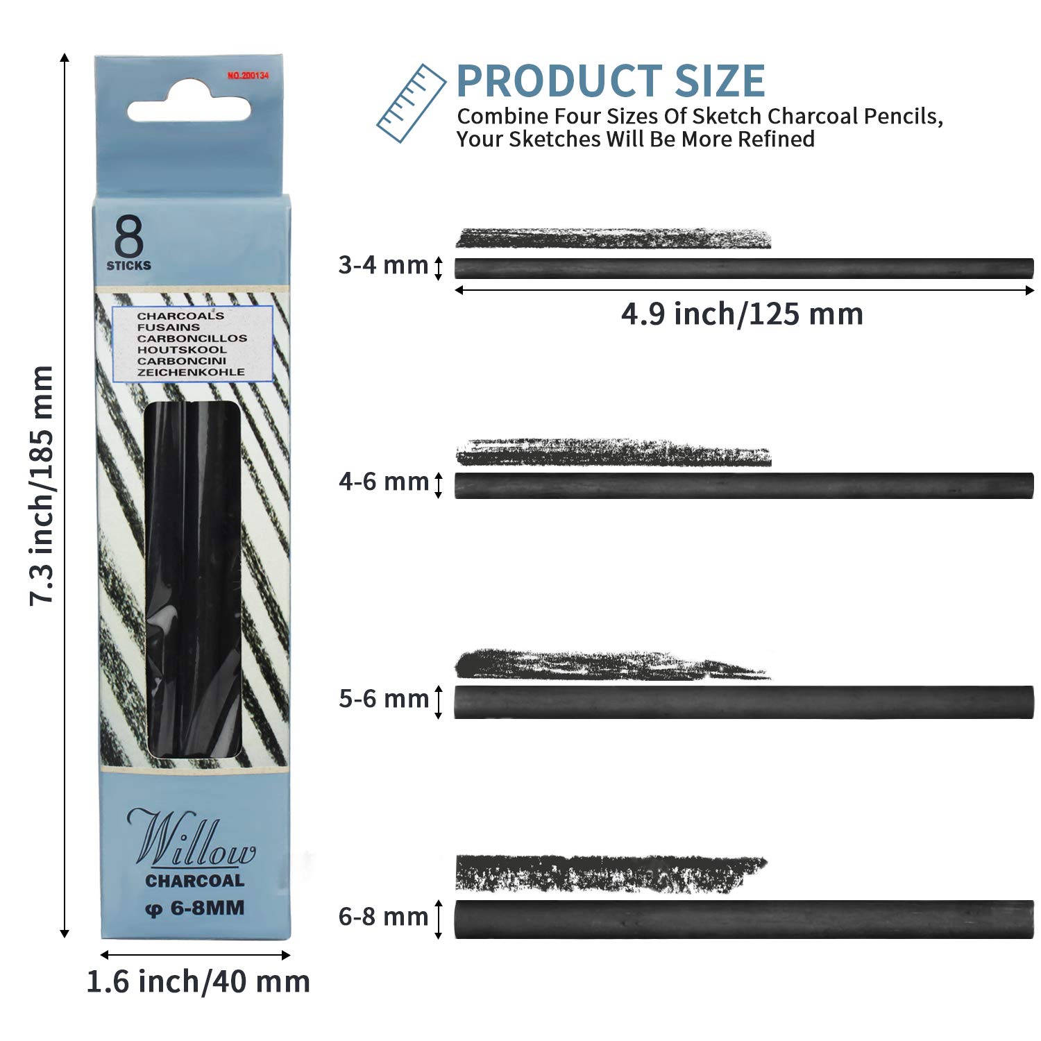 MyLifeUNIT Willow Charcoal Sticks, 4 Pack Vine Charcoal Pencils for Artists Drawing (48 PCS)