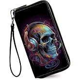 RAUEDWDJS Women's Wallets,Credit Card Holder Money Leather Long Wallet with Wristlet,Large Capacity with Zip-Around Phone Purse for Women Ladies Girls,Skull with Headphones
