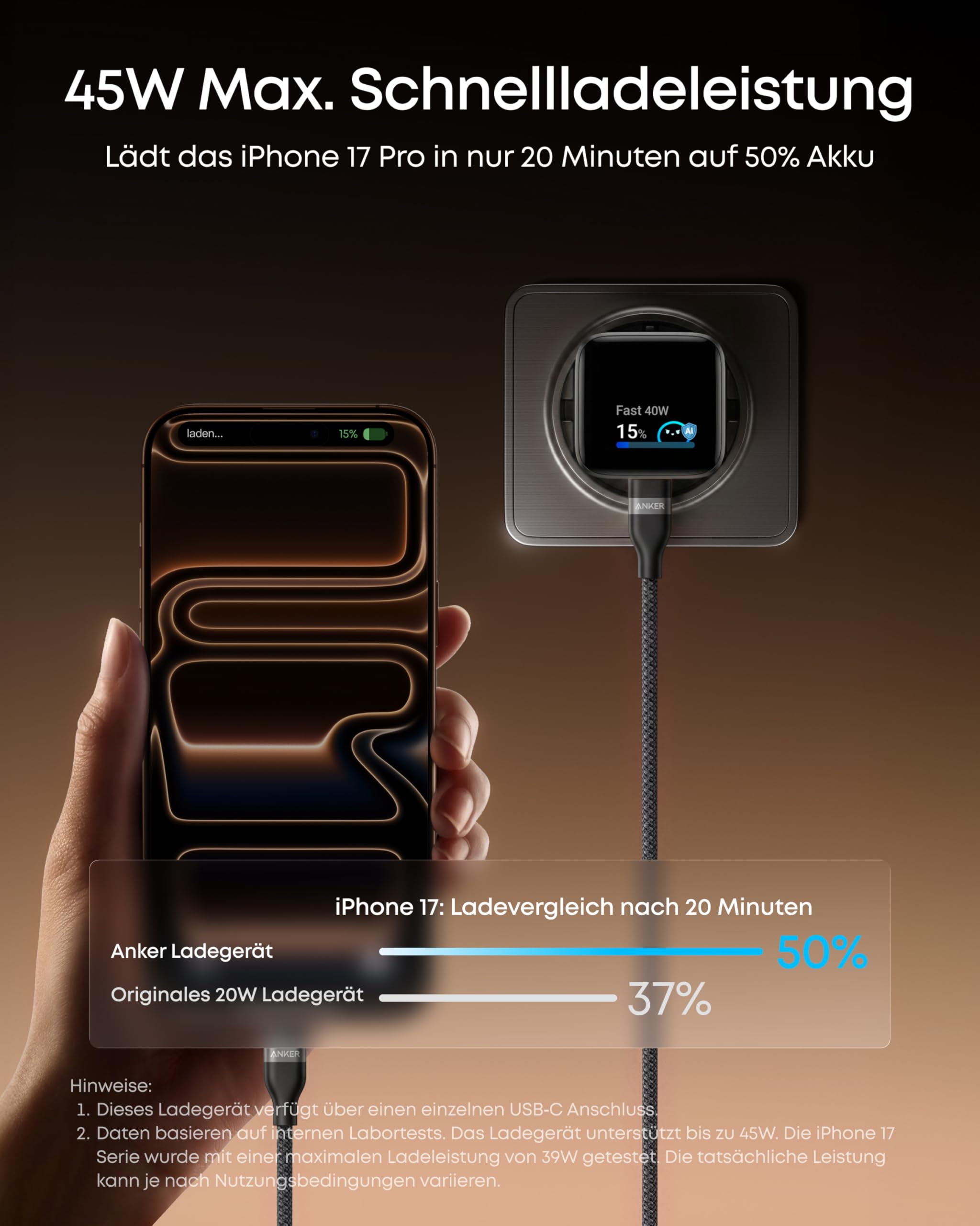 Anker Smart Ladegerät, Anker Nano 45W USB C Ladegerät mit Display und intelligenter Erkennung, integriertem Schonmodus, kompaktes GaN Schnellladegerät für iPhone 17/16/15 Serie, iPad, MacBook 3